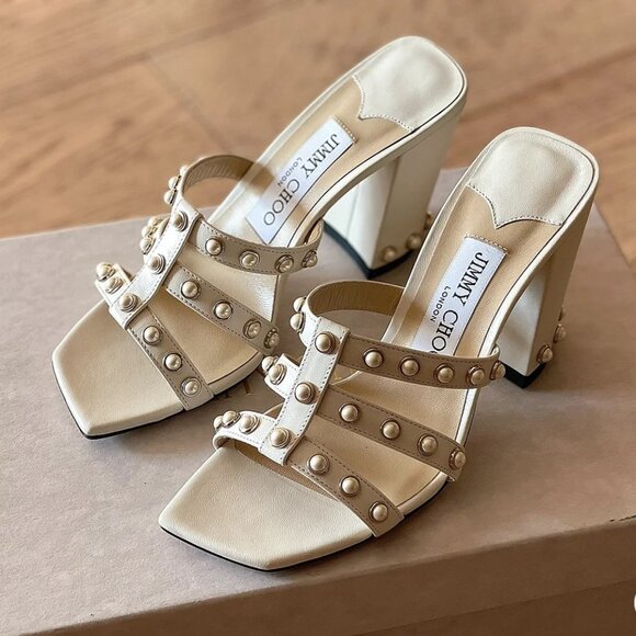 NIB JIMMY CHOO Hazal 85 Pearl Stud Mules Leather Sandals Latte